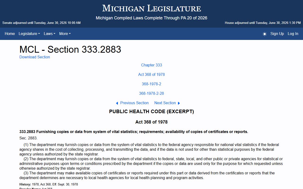 Gratiot County Clerk records and Michigan certified vital copy statute MCL 333.2883