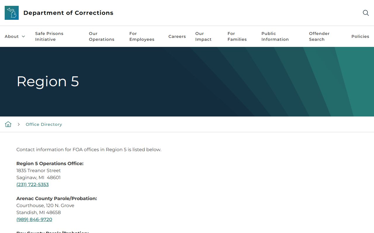 MDOC Region 5 office directory for Gratiot County charge records supervision