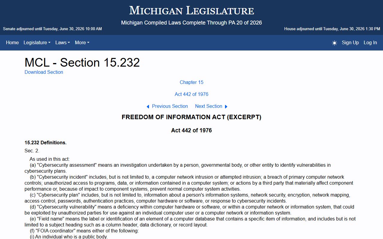 Michigan FOIA definitions MCL 15.232 and the court exemption for Gratiot County records