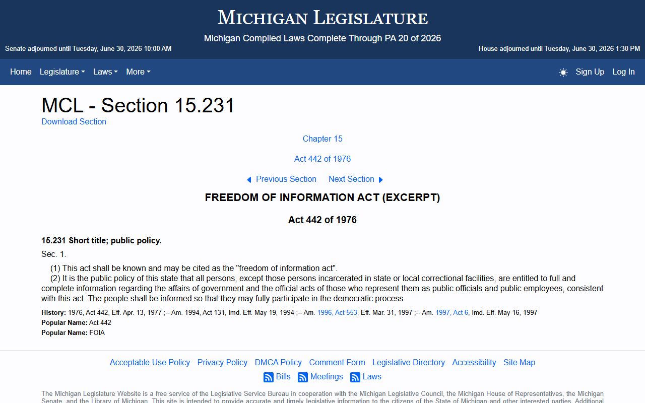 Michigan FOIA statute MCL 15.231 governing Gratiot County court records access