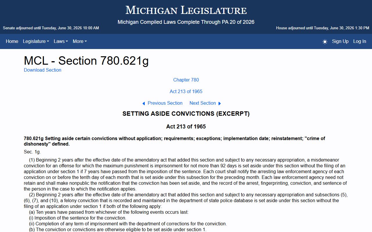 Gratiot County criminal court records Michigan automatic set-aside statute