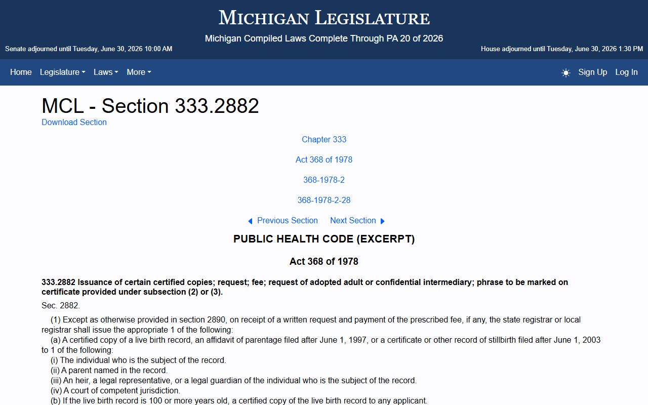Gratiot County marriage and divorce records under Michigan vital records statute MCL 333.2882