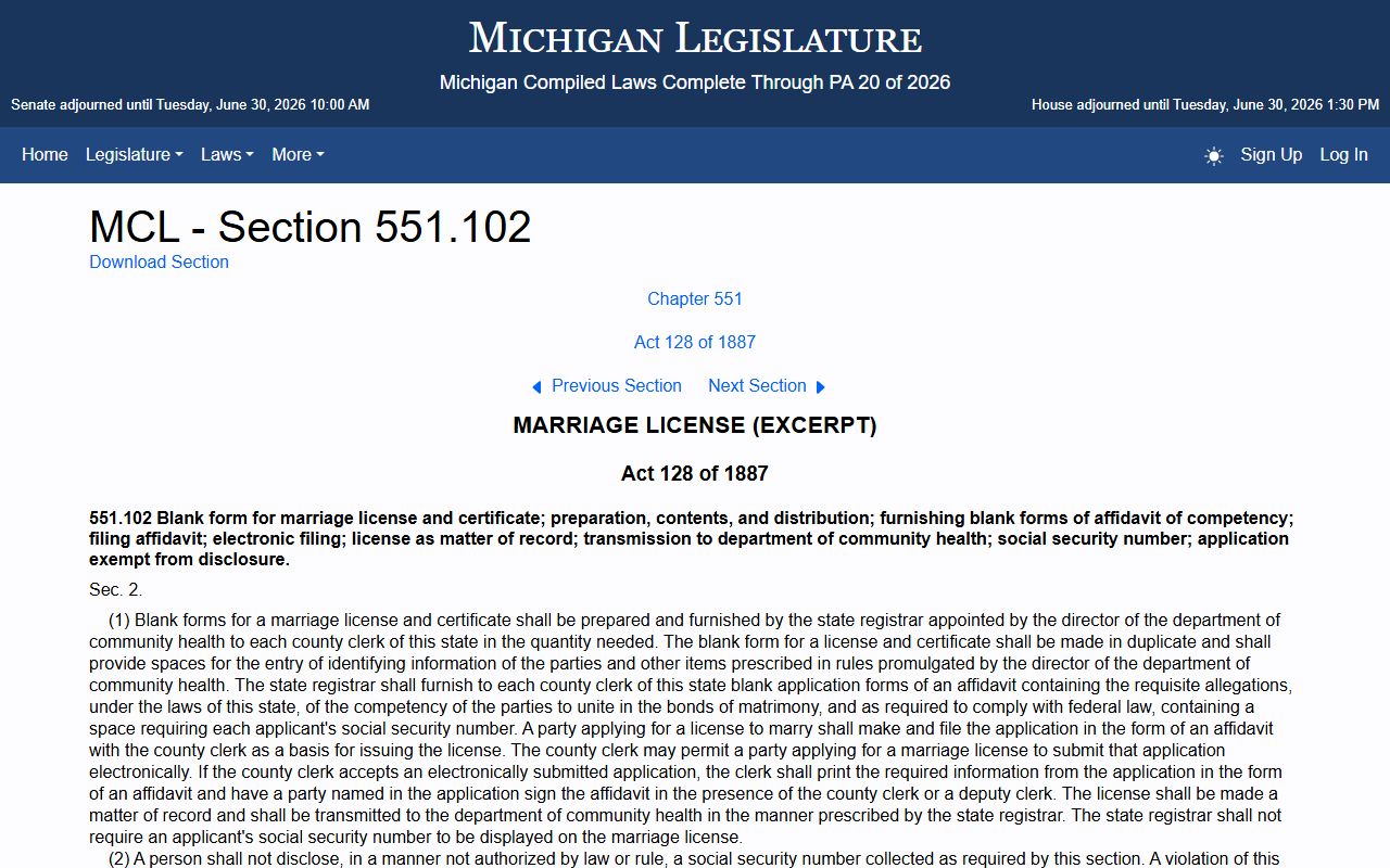 Gratiot County marriage and divorce records under Michigan marriage license statute MCL 551.102