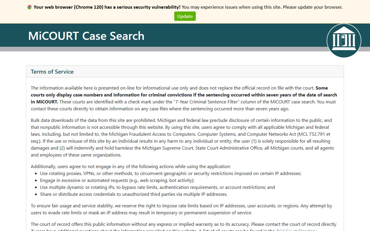 Gratiot County court records search on the Michigan MiCOURT case search portal