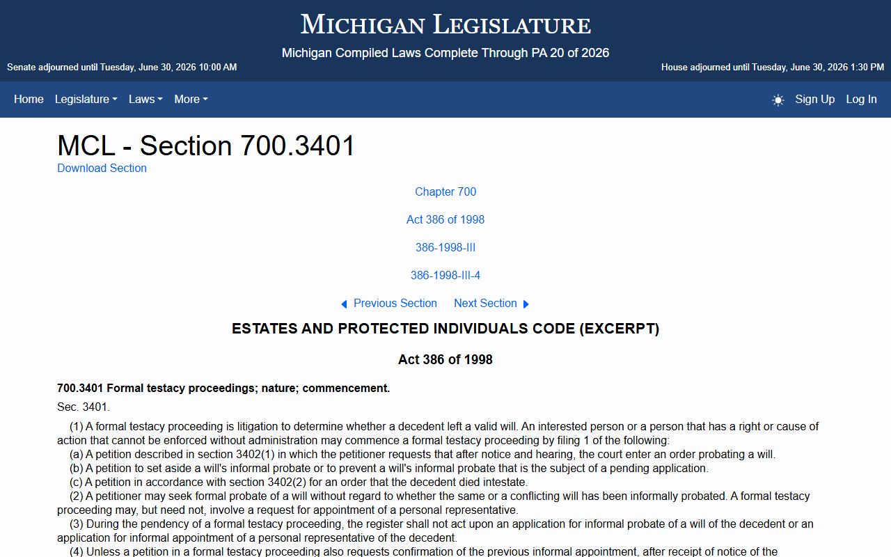 Gratiot County probate records Michigan formal probate proceedings statute