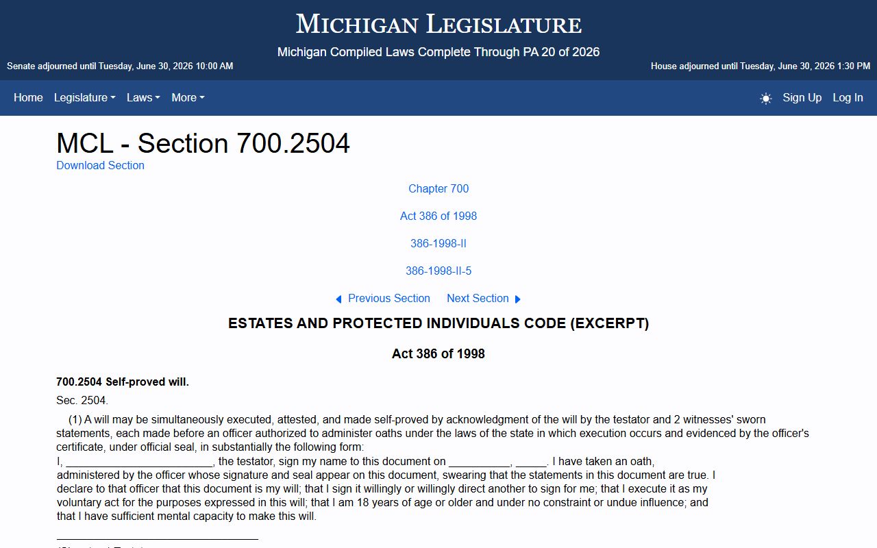 Gratiot County probate records Michigan self-proved will statute