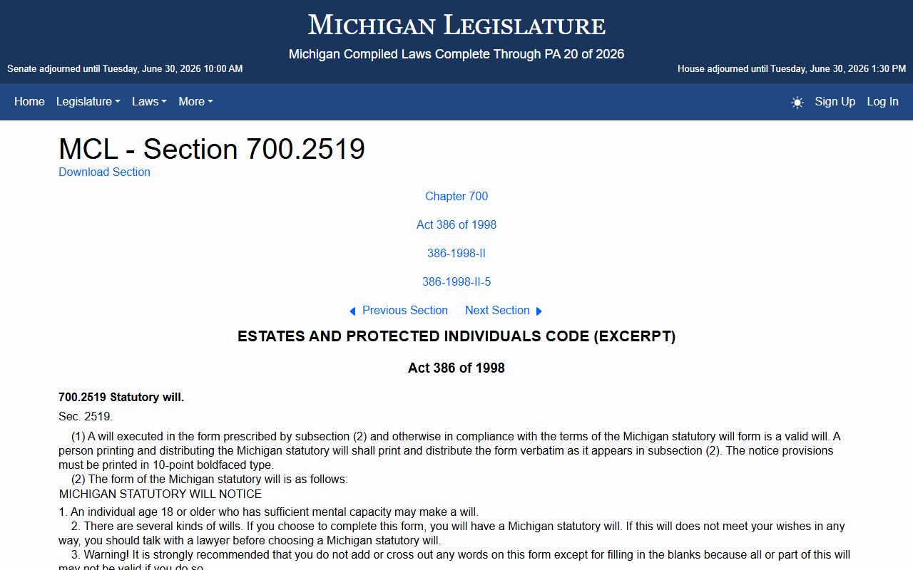 Gratiot County probate records Michigan statutory will statute