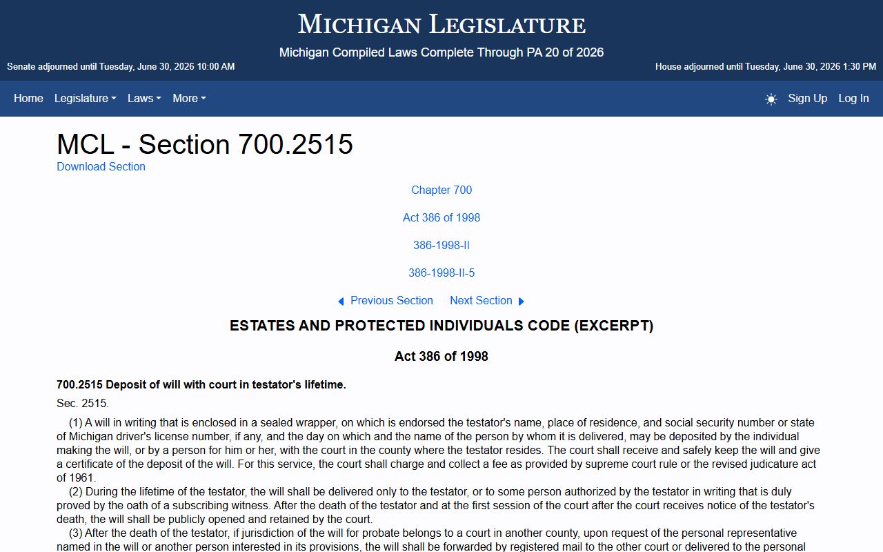 Gratiot County probate records Michigan will safekeeping statute