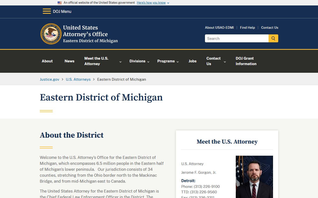 Gratiot County federal warrant matters through the U.S. Attorney Eastern District of Michigan